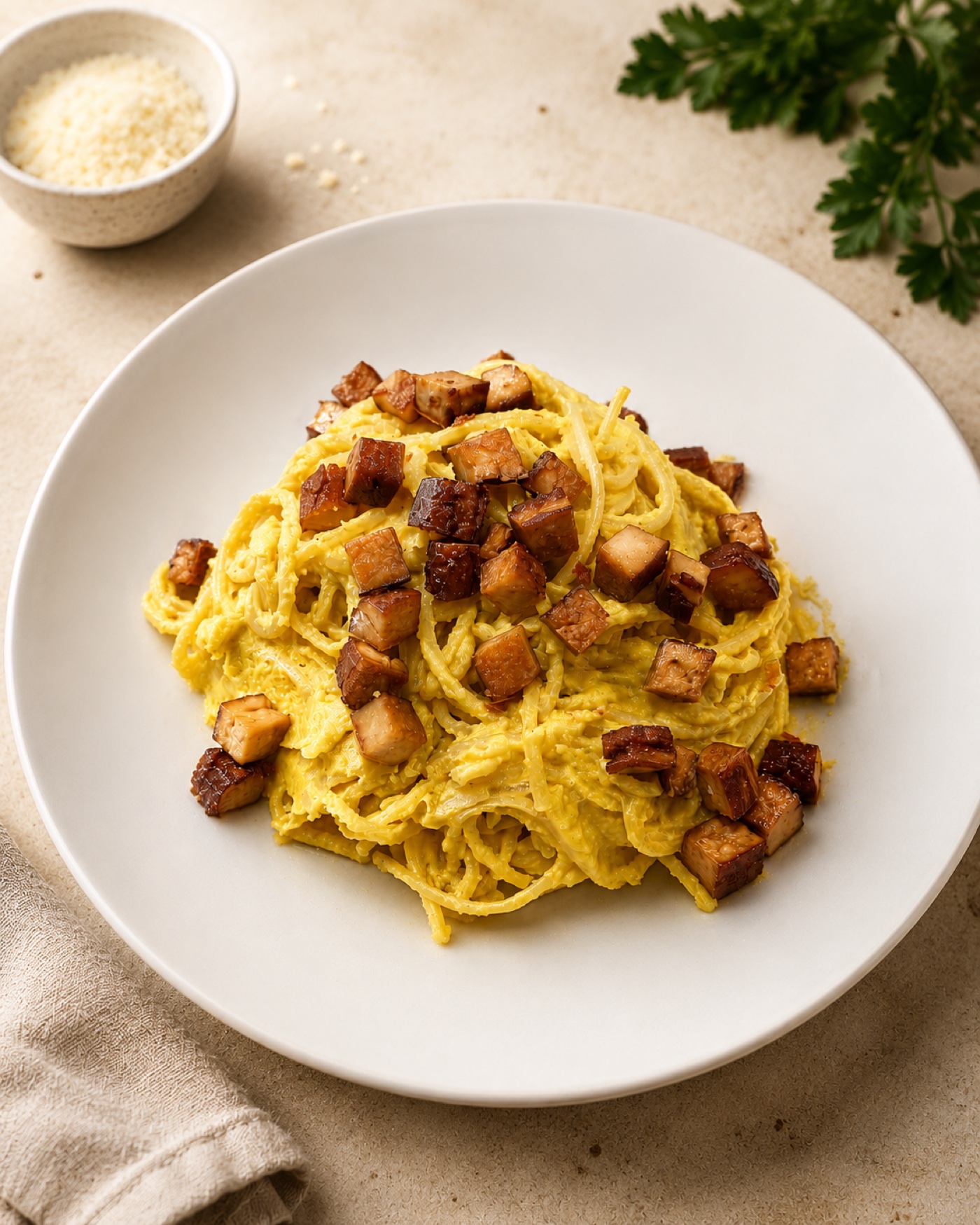 Vegane Spaghetti Carbonara mit Räuchertofu